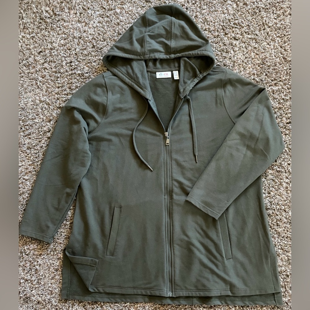 D & Co Olive Green Full Zip Hooded Jacket, Size 1X Cotton Blend Casual Hoodie